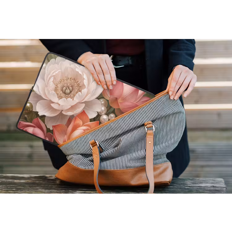 Bloemen - Parels - Elegant - Roze - Wit laptophoes neopreen klein -tas
