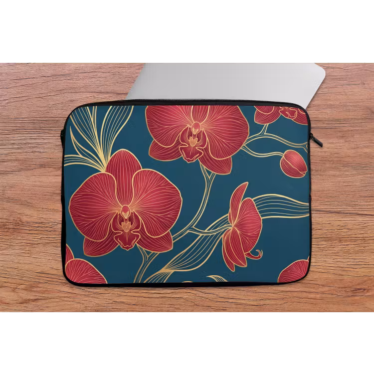 Laptophoes Bloemen - Rood - Goud - Bloemen - Rood - Goud laptophoes neopreen klein