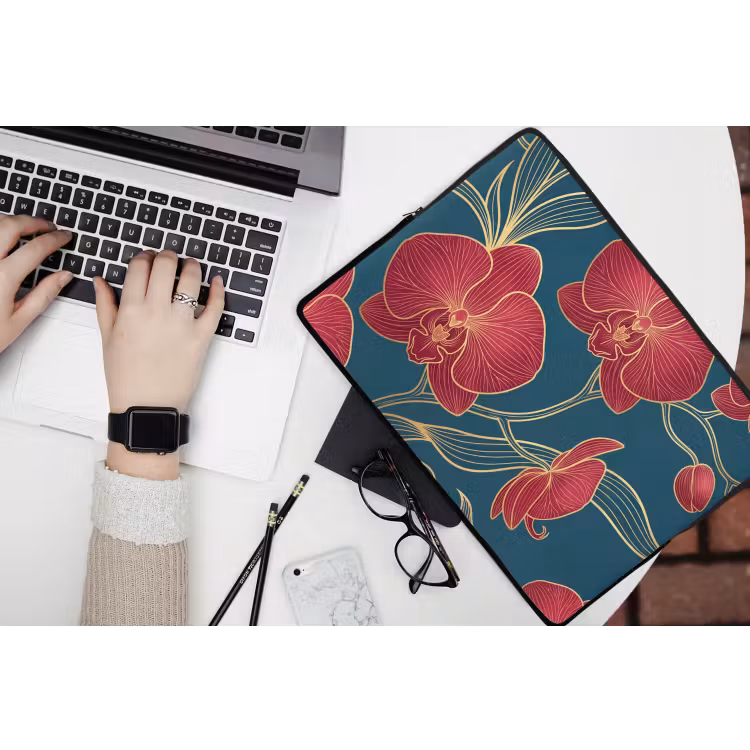 Laptophoes Bloemen - Rood - Goud - Bloemen - Rood - Goud laptophoes neopreen klein