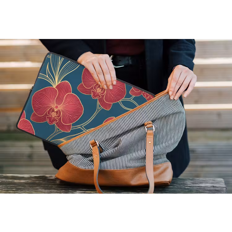 Laptophoes Bloemen - Rood - Goud - Bloemen - Rood - Goud laptophoes neopreen klein