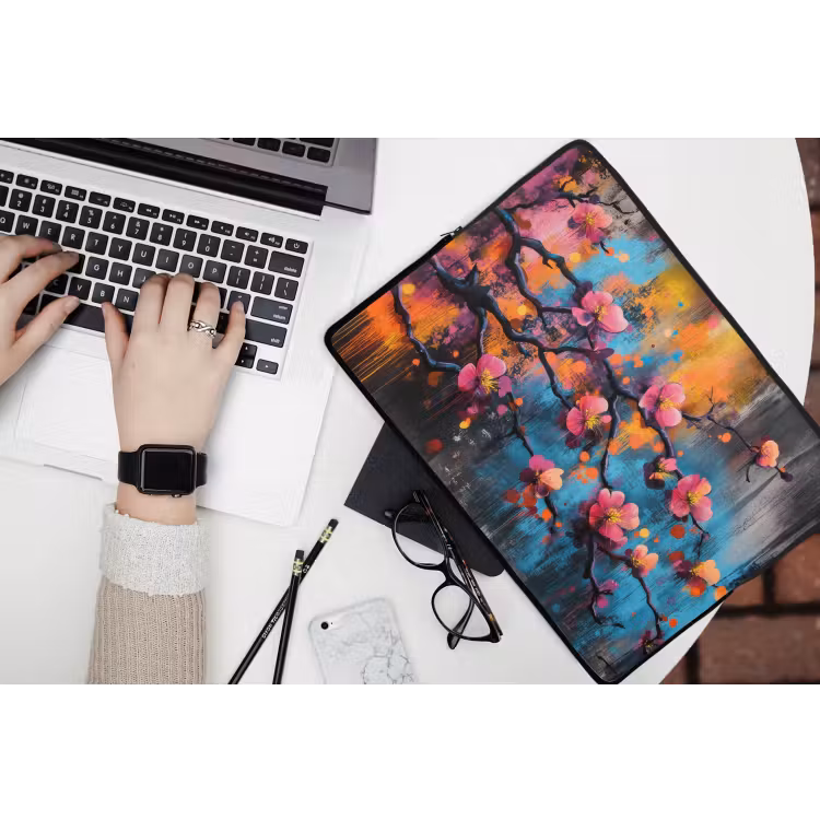 Bloemen - Tak - Abstract - Roze laptophoes neopreen klein -bureau