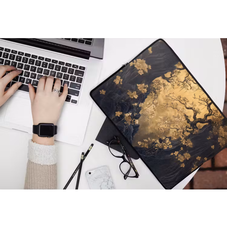 Bloemen - Takken - Goud - Sierlijk laptophoes neopreen klein -bureau