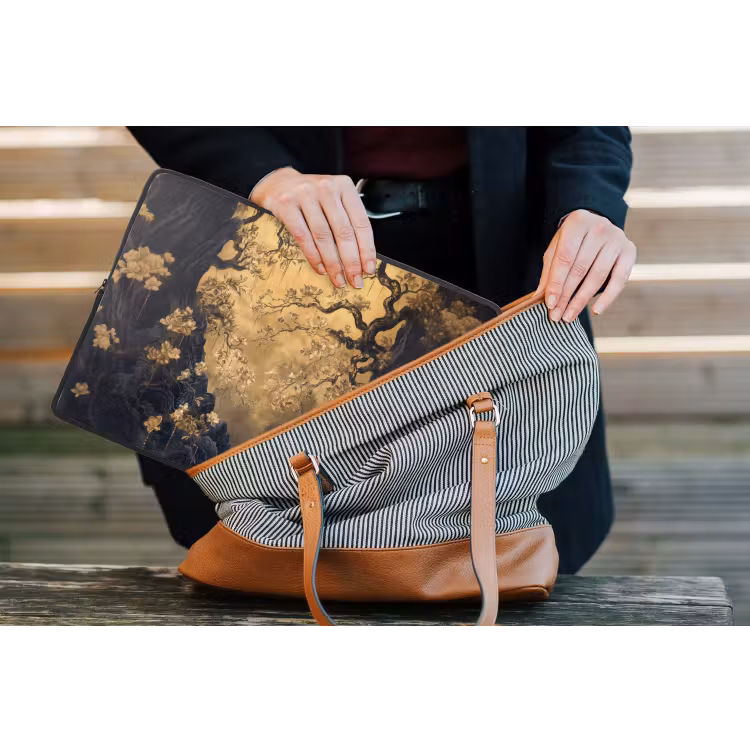 Bloemen - Takken - Goud - Sierlijk laptophoes neopreen klein -tas