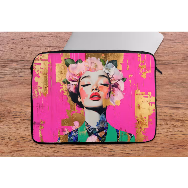 Bloemenkroon - Goud - Vrouw - Portret laptophoes neopreen klein -tafel