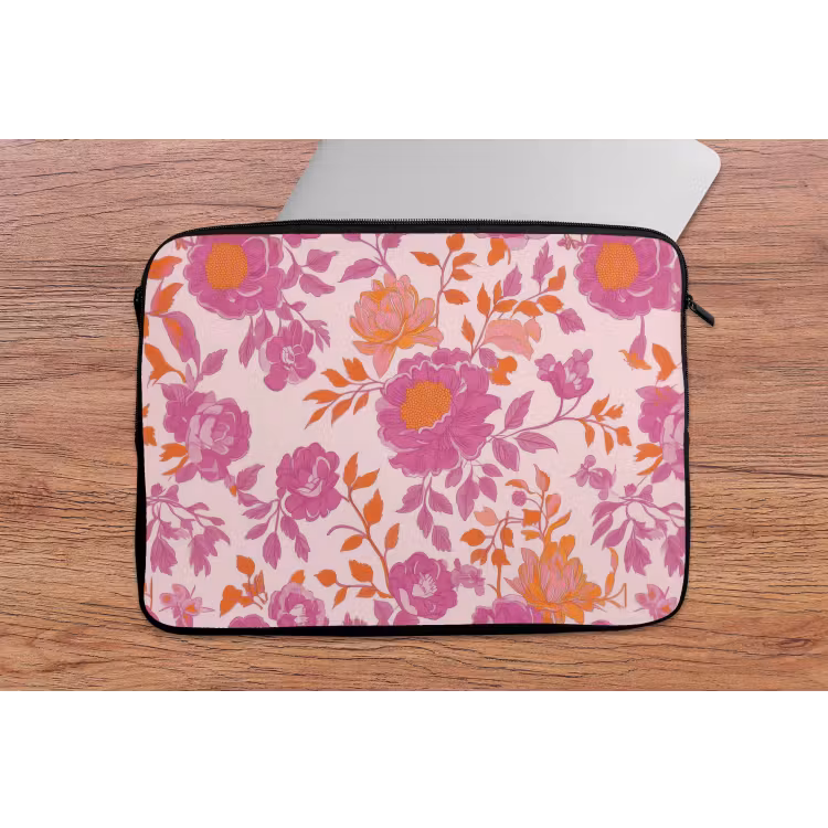 Bloemenpatroon - Roze - Oranje - Bloemen laptophoes neopreen klein -tafel