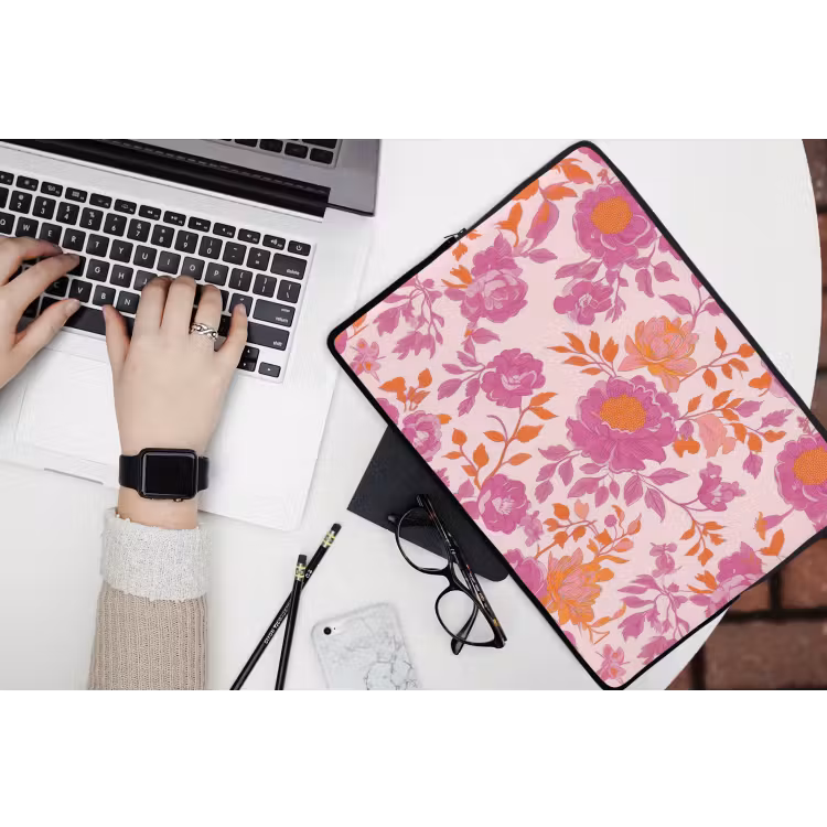 Bloemenpatroon - Roze - Oranje - Bloemen laptophoes neopreen klein -bureau