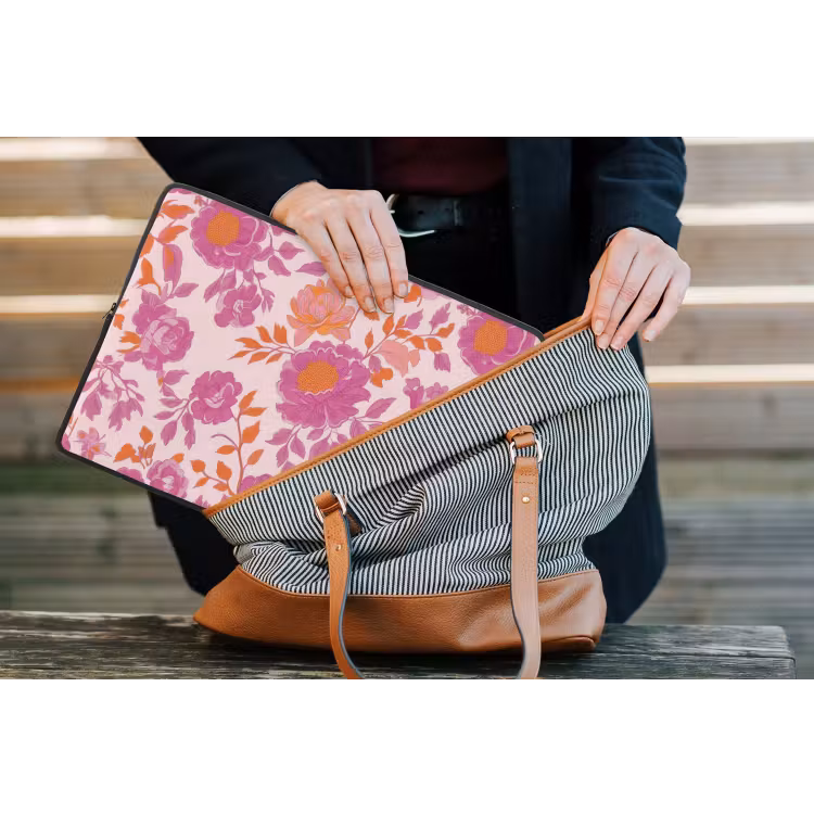 Bloemenpatroon - Roze - Oranje - Bloemen laptophoes neopreen klein -tas