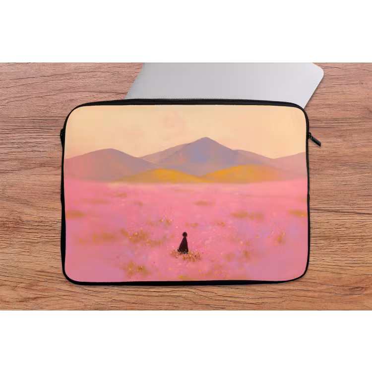 Bloemenweide - Heuvels - Silhouet - Roze laptophoes neopreen klein -tafel