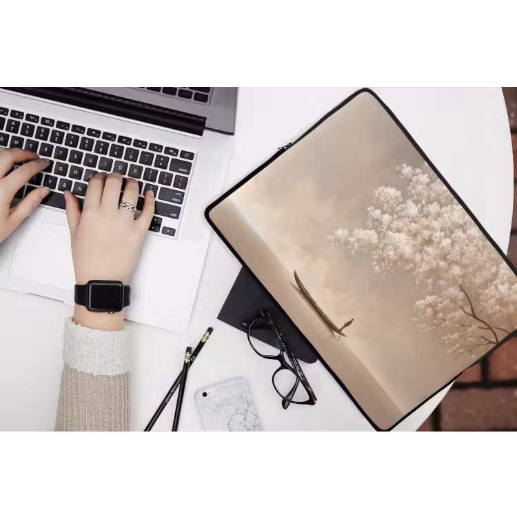 Bloesems - Wit - Boot - Minimalistisch laptophoes neopreen klein -bureau