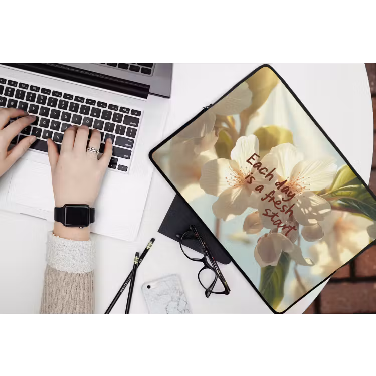 Bloesems - Zonlicht - Quote - Wit laptophoes neopreen klein -bureau