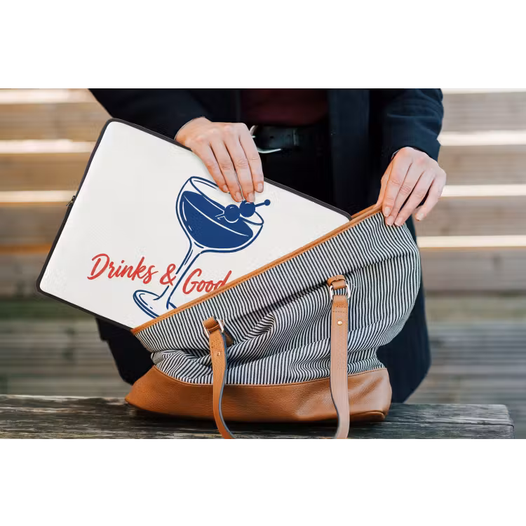 Cocktail - Glas - Illustratie - Blauw - Wit laptophoes neopreen klein -tas