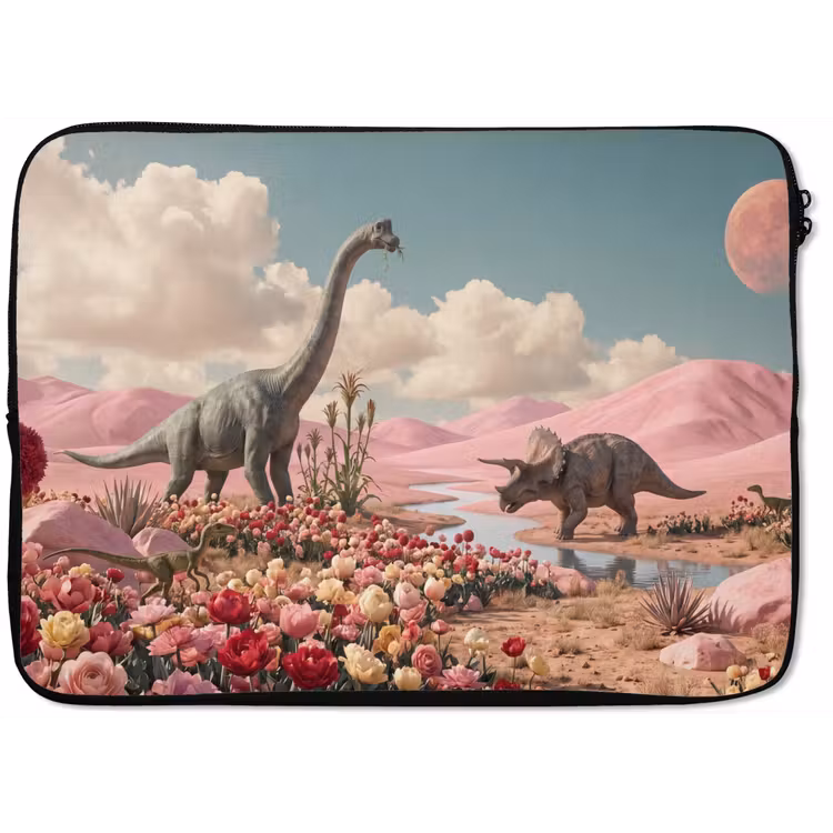 Laptophoes Dinosaurus - Roze - Landschap - Dinosaurus - Roze - Landschap laptophoes neopreen klein