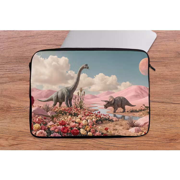 Laptophoes Dinosaurus - Roze - Landschap - Dinosaurus - Roze - Landschap laptophoes neopreen klein