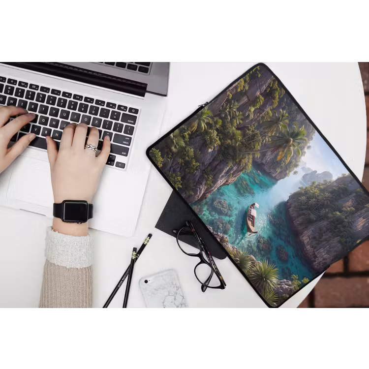 Eiland - Tropisch - Water - Palmbomen - Natuur laptophoes neopreen klein -bureau