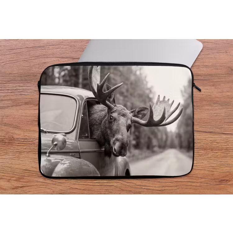 Eland - Auto - Gewei - Zwart - Wit laptophoes neopreen klein -tafel