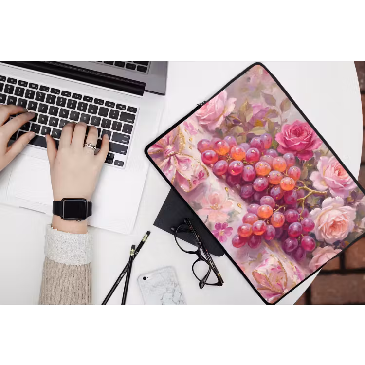 Eten - Bloemen - Stilleven - Roze - Goud laptophoes neopreen klein -bureau