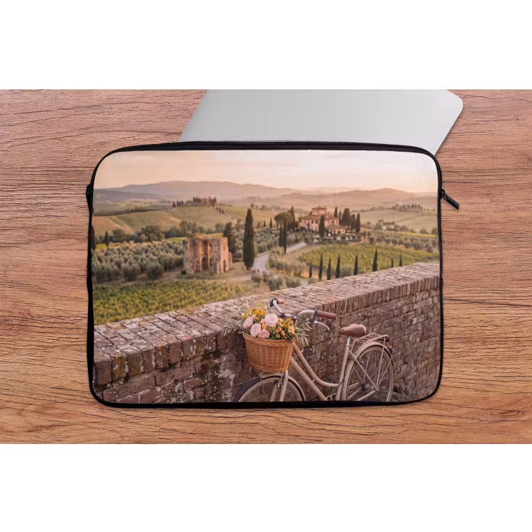 Fiets - Bloemen - Toscane - Landschap - Roze laptophoes neopreen klein -tafel