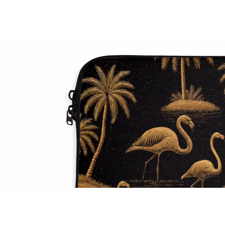 Flamingo - Palmbomen - Tropisch - Goud - Zwart laptophoes neopreen klein 279 -detail