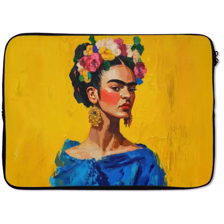 Frida Kahlo - Vrouw - Geel - Blauw - Bloemen laptophoes neopreen klein -zkaufland3dotto
