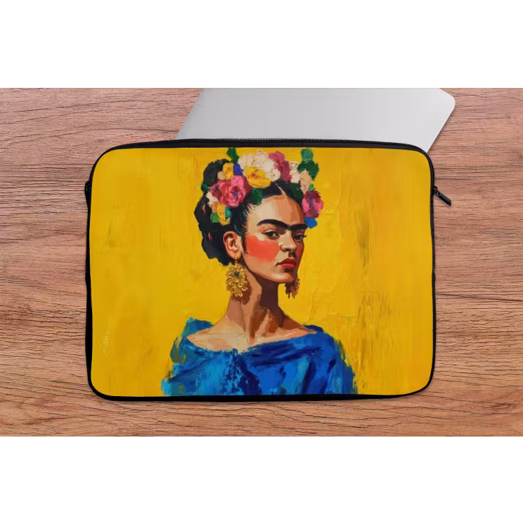 Frida Kahlo - Vrouw - Geel - Blauw - Bloemen laptophoes neopreen klein -tafel