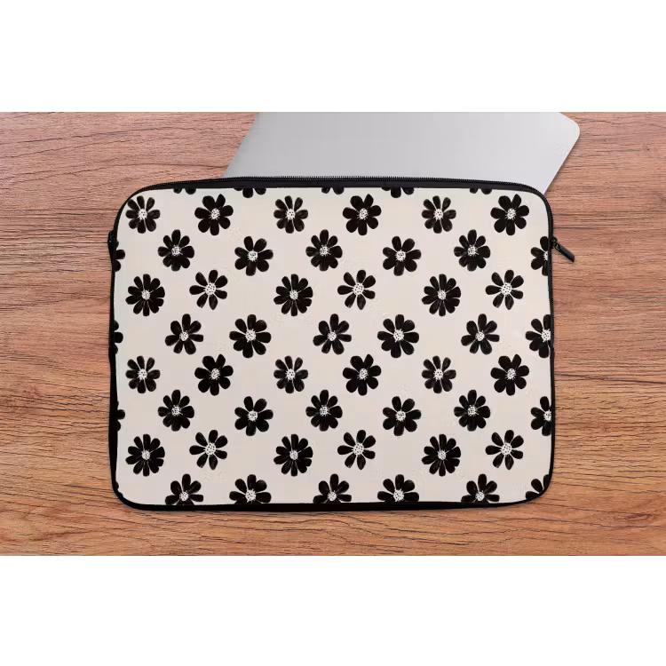 Grafisch - Madeliefjes - Zwart - Beige laptophoes neopreen klein 279 -tafel