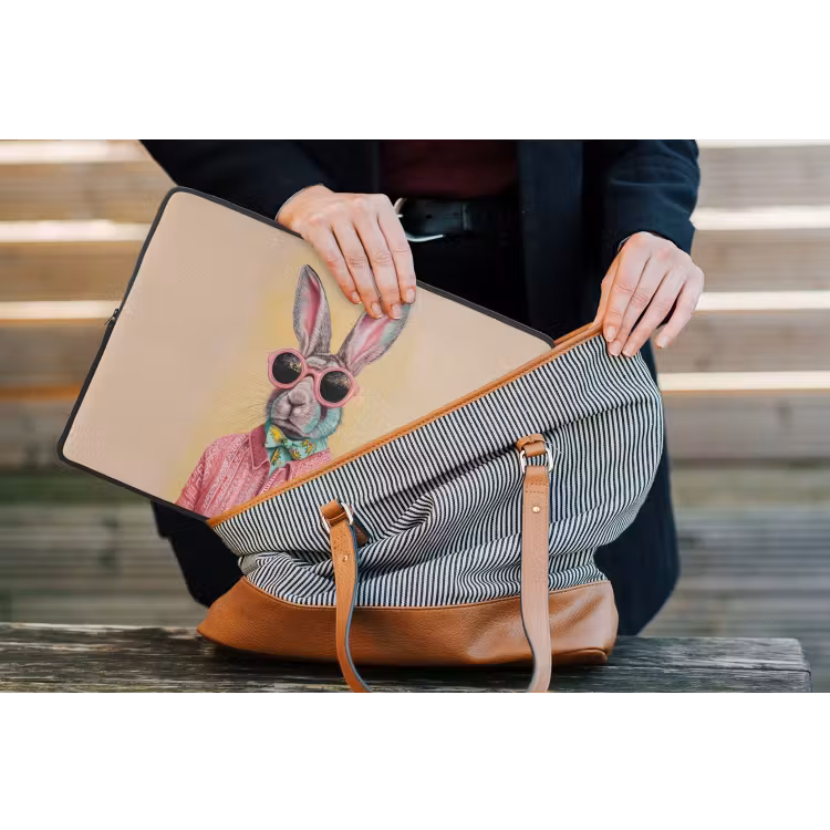 Grijs - Konijn - Blouse - Strik laptophoes neopreen klein -tas