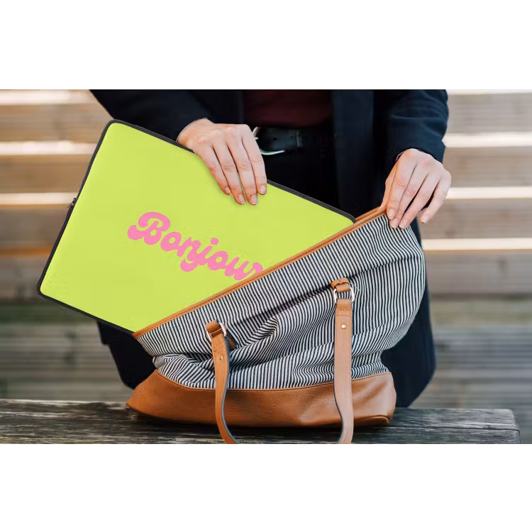 Groen - Roze bonjour - Retro laptophoes neopreen klein -tas