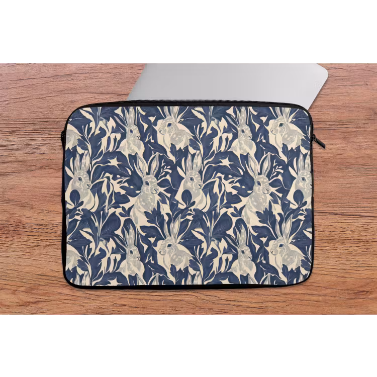 Hazen - Bladeren - Patroon - Blauw - Beige laptophoes neopreen klein 279 -tafel