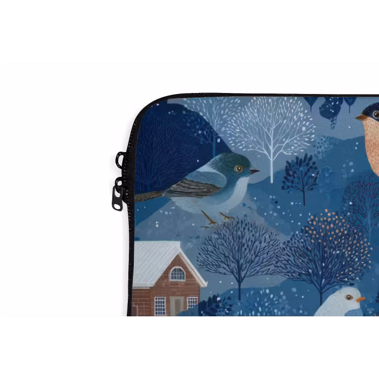 Huisjes - Vogels - Sneeuw - Winter - Blauw laptophoes neopreen klein 279 -detail