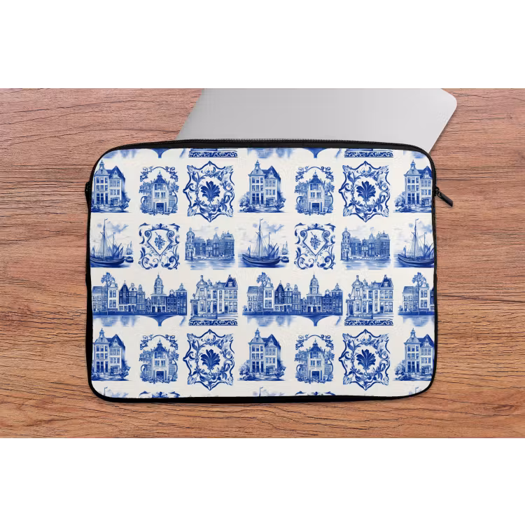 Huizen - Schepen - Blauw laptophoes neopreen klein 279 -tafel