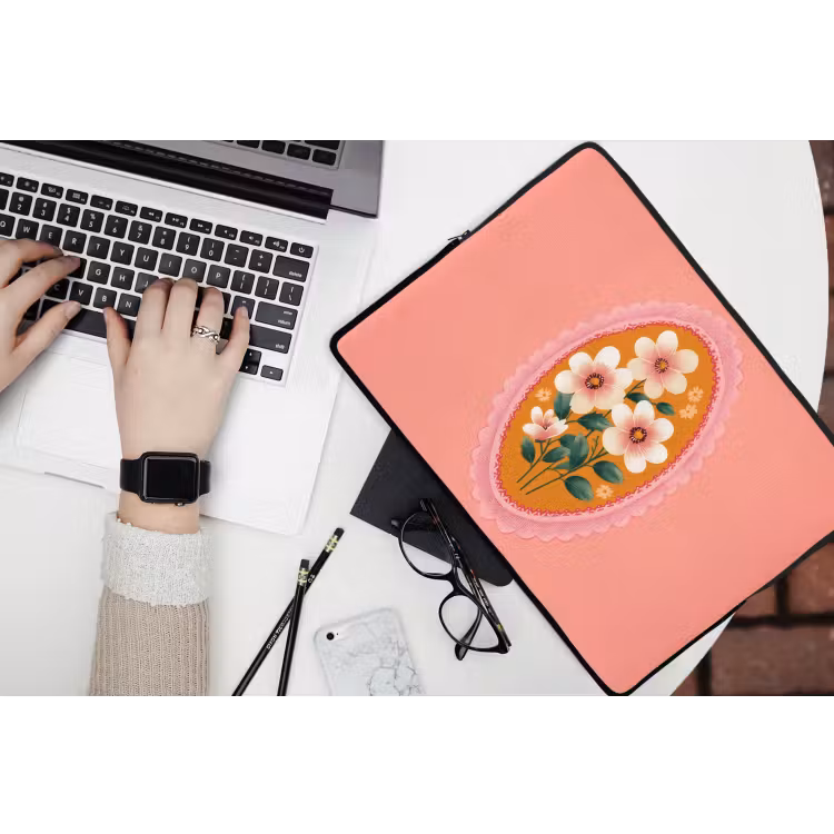 Illustratie - Bloemen - Rand - Roze laptophoes neopreen klein -bureau