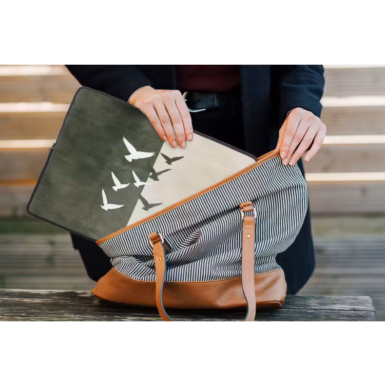 Japandi - Vogel - Groen laptophoes neopreen klein -tas