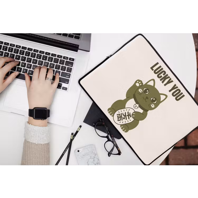 Kat - Geluk - Dieren - Modern - Groen laptophoes neopreen klein -bureau