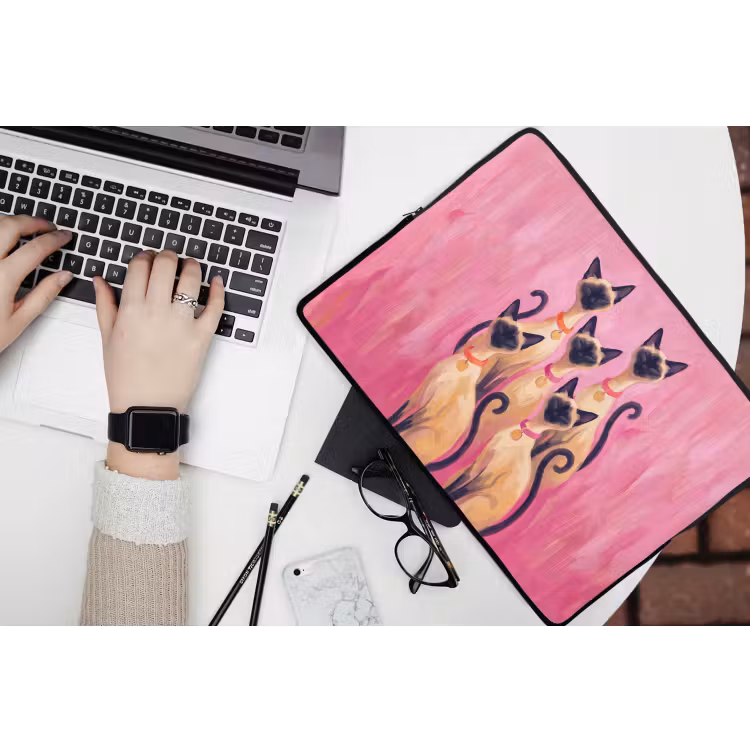 Kat - Groep - Dieren - Modern - Roze laptophoes neopreen klein -bureau