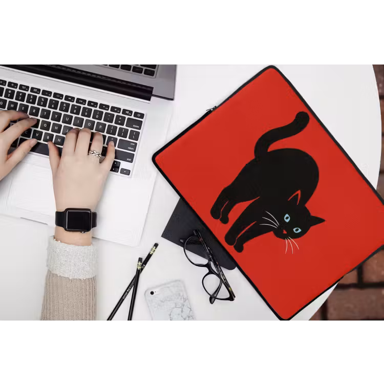 Kat - Zwart - Staart laptophoes neopreen klein -bureau