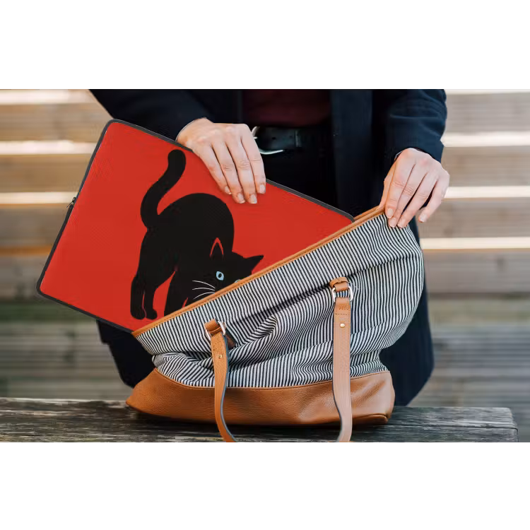 Kat - Zwart - Staart laptophoes neopreen klein -tas