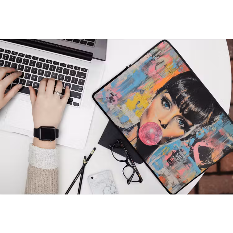 Kauwgom - Vrouw - Penseelstreken - Modern laptophoes neopreen klein -bureau