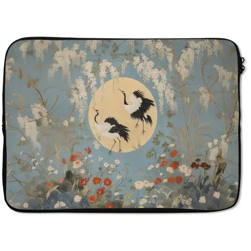 Kraanvogels - Maan - Bloemen - Blauw laptophoes neopreen klein -zkaufland3dotto