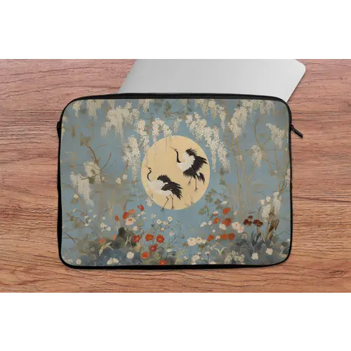 Kraanvogels - Maan - Bloemen - Blauw laptophoes neopreen klein -tafel