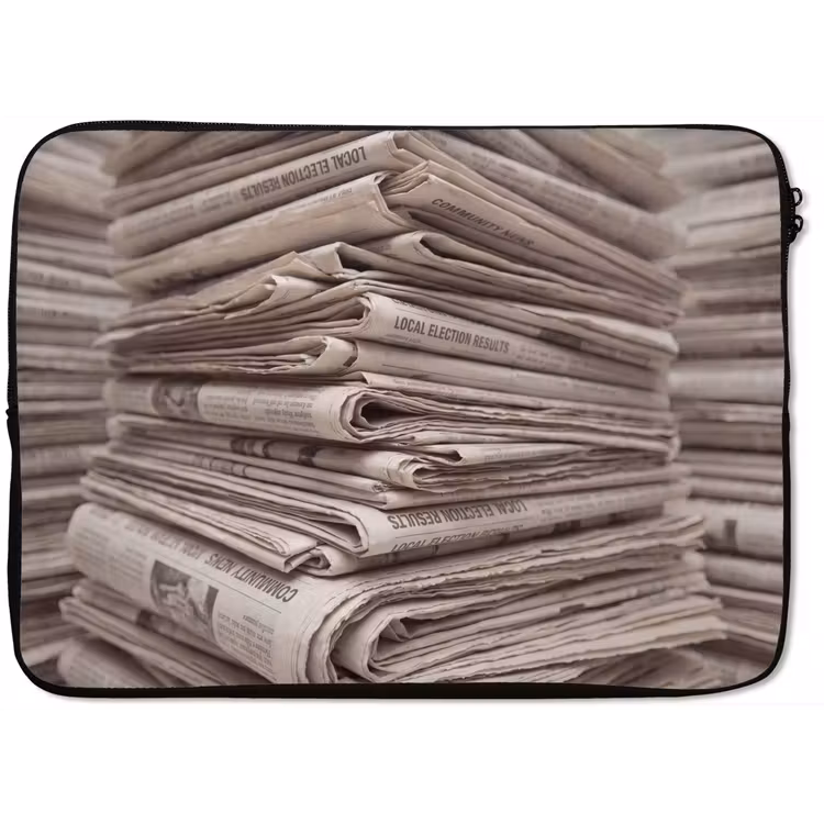 Kranten - Stapel - Nieuws - Vintage - Beige laptophoes neopreen klein -zkaufland3dotto