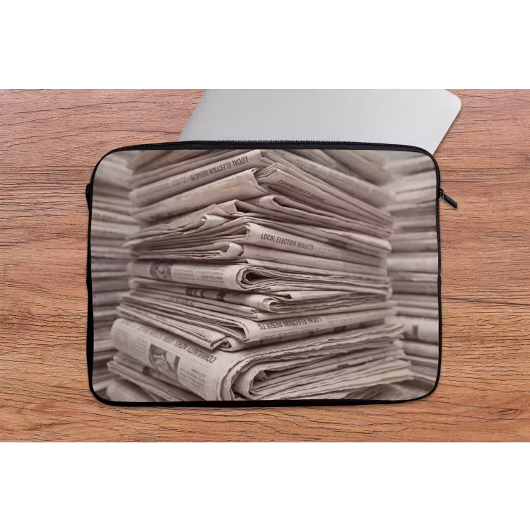 Kranten - Stapel - Nieuws - Vintage - Beige laptophoes neopreen klein -tafel