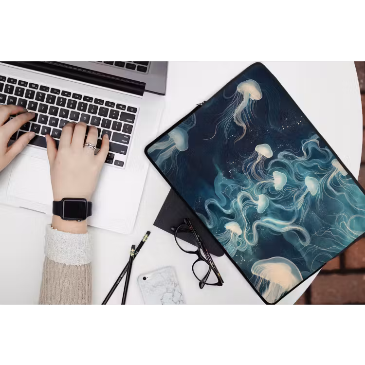 Kwallen - Zee - Wit - Golven laptophoes neopreen klein -bureau