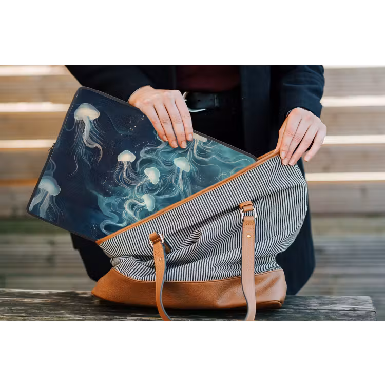 Kwallen - Zee - Wit - Golven laptophoes neopreen klein -tas