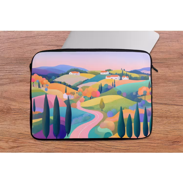 Landschap - Paars - Pastel - Huizen laptophoes neopreen klein -tafel
