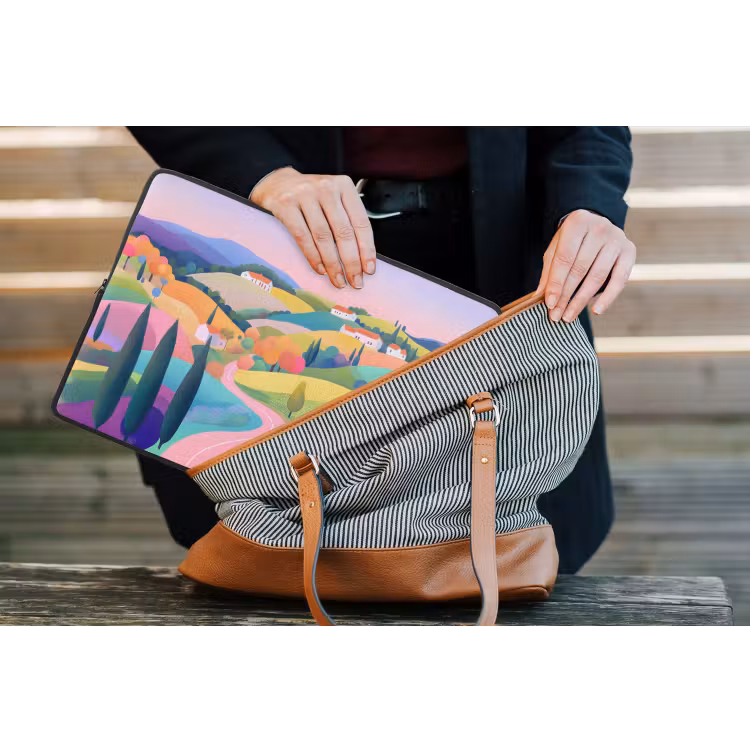 Landschap - Paars - Pastel - Huizen laptophoes neopreen klein -tas