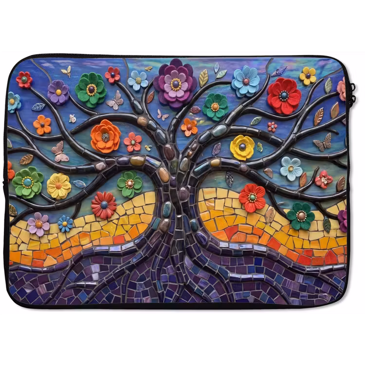 Levensboom - Mozaïek - Bloemen - Kleurrijk - Vrolijk laptophoes neopreen klein -zkaufland3dotto