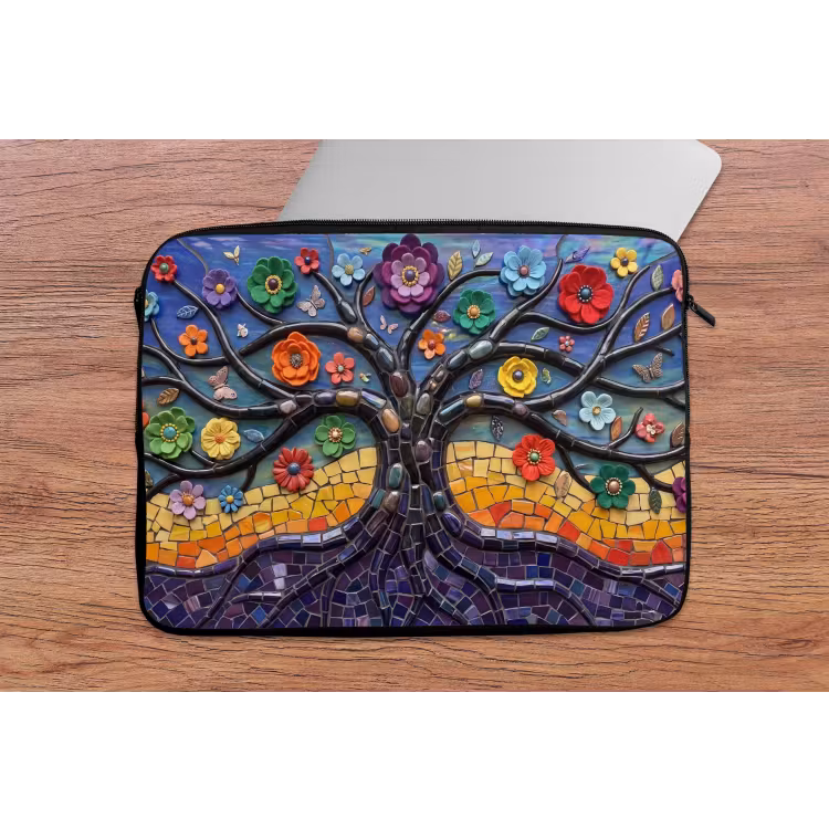 Levensboom - Mozaïek - Bloemen - Kleurrijk - Vrolijk laptophoes neopreen klein -tafel