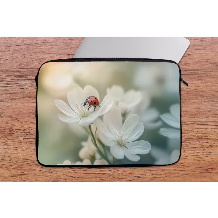 Lieveheersbeestje - Bloemen - Wit laptophoes neopreen klein -tafel