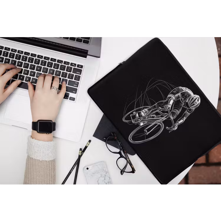 Lijntekening - Wit - Wielrennen - Snelheid laptophoes neopreen klein -bureau