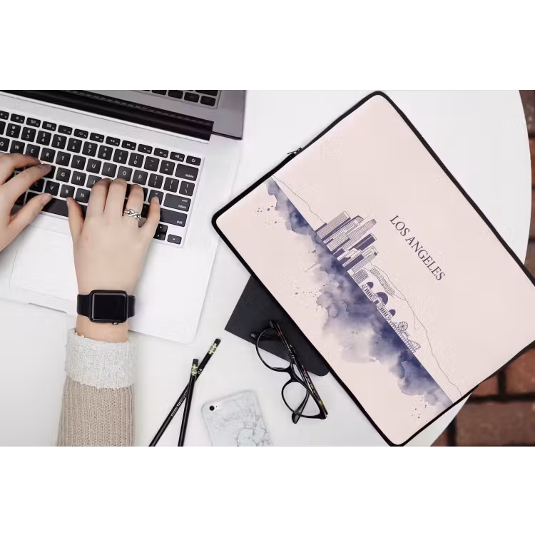 Los Angeles - Skyline - Architectuur - Aquarel - Blauw laptophoes neopreen klein -bureau